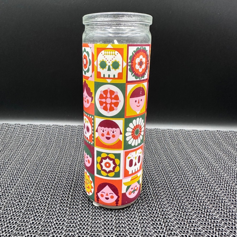 Dia de Muertos Pillar Candle Sugar Skull Day of the Dead Glass Jar White Wax 8in